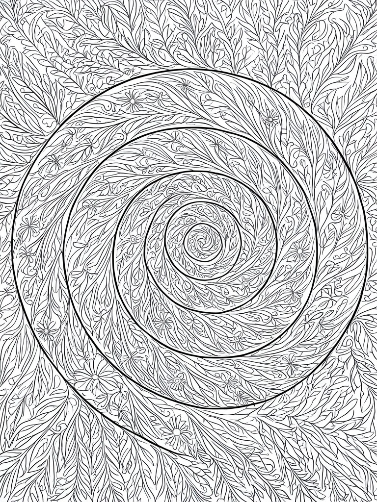 A black and white coloring page featuring a large spiral design composed of intricate leaves and flowers.