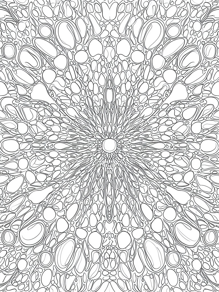 Intricate black-and-white mandala with radiating organic cellular patterns and shapes