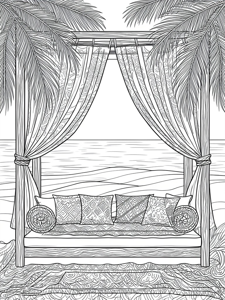 Line drawing of canopy bed with curtains and pillows on tropical beach with palms
