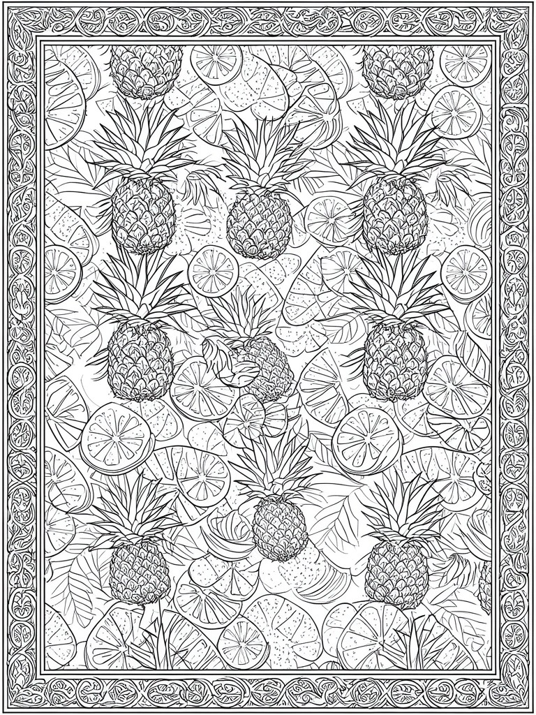 A coloring page filled with whole pineapples, citrus slices, and leaves inside an ornate border.