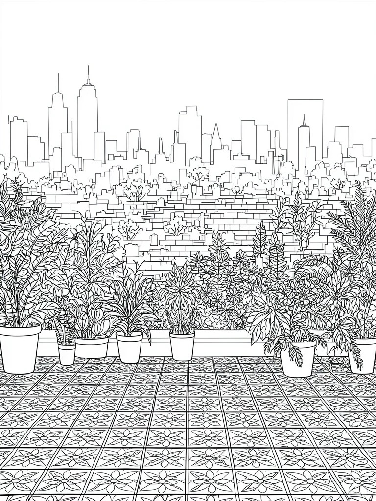 A coloring page showing potted plants on a tiled patio with a city skyline and brick wall in the background.