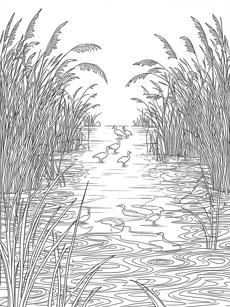Line art of birds swimming in a reedy marsh with rippled water.