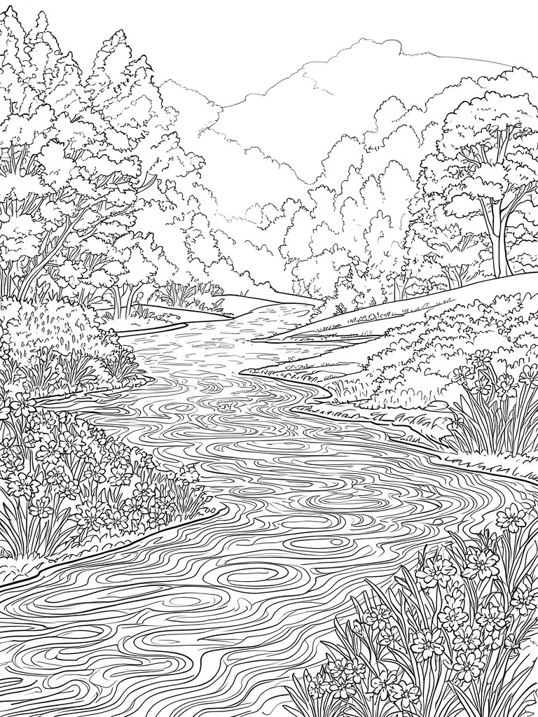 Detailed line drawing of winding river through flowers, trees, and mountains.