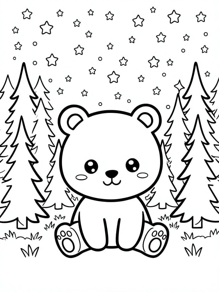 Cartoon bear sitting in grass between pine trees under a starry sky.