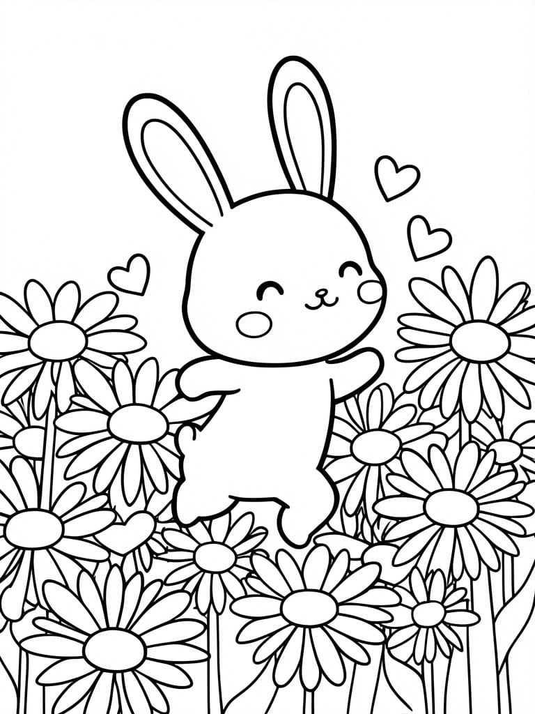 Cute bunny leaping among daisies with floating hearts in line art style.