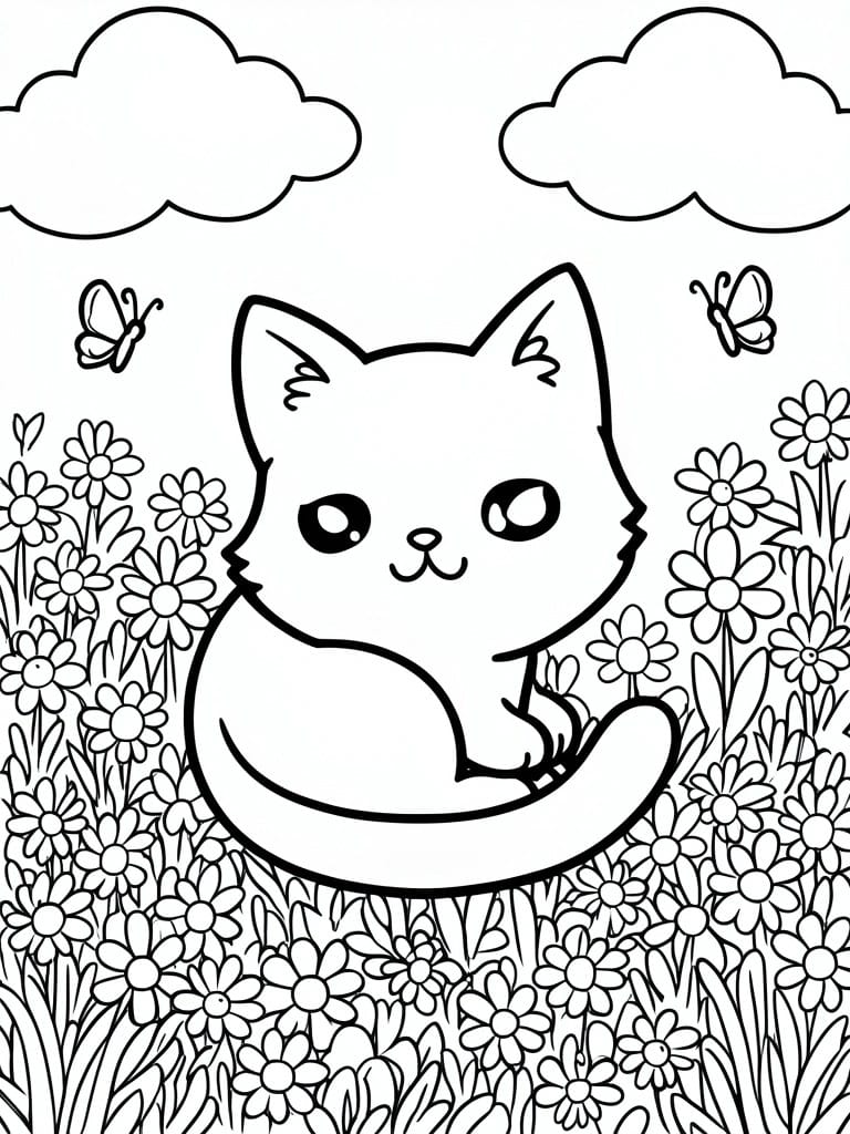 A line drawing of a chibi cat in a field of flowers with butterflies and clouds.