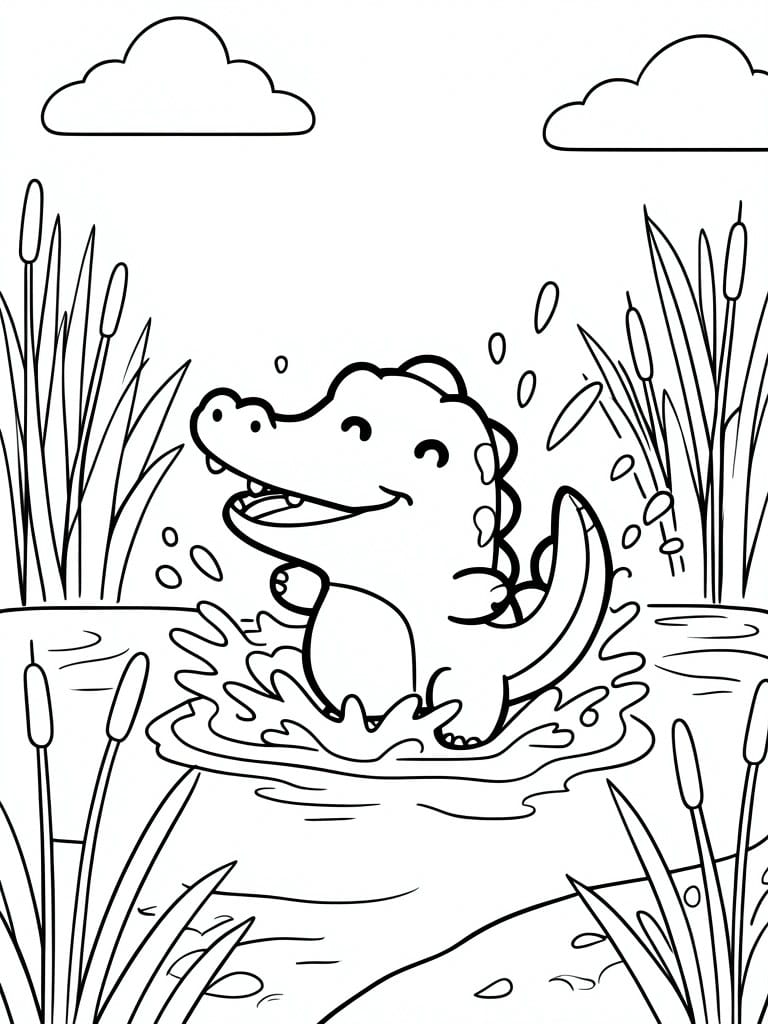 Cartoon alligator splashing in pond amid reeds, clouds, and bubbles