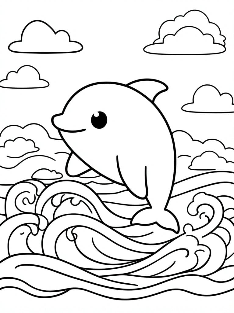 A black and white line drawing of a cartoon dolphin jumping out of wavy ocean waters with clouds in the sky.