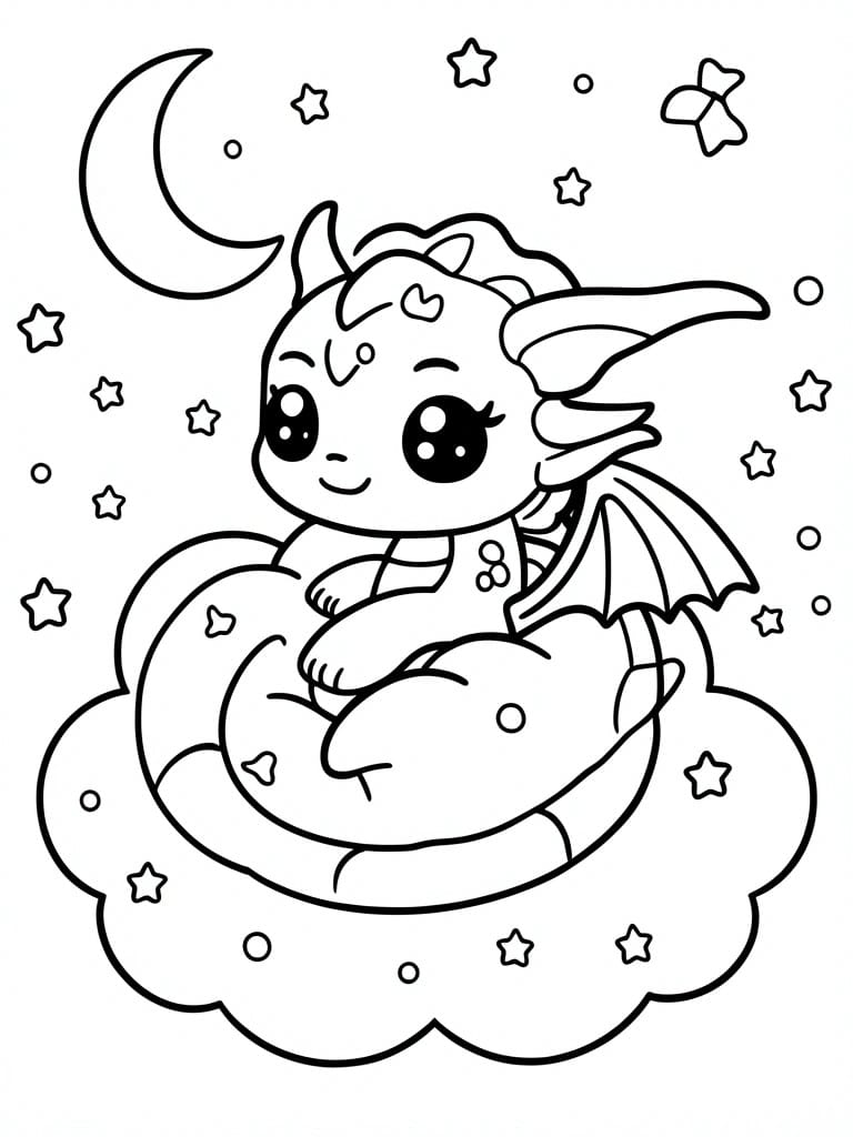 Cute cartoon dragon sleeping on fluffy cloud under starry night sky with moon