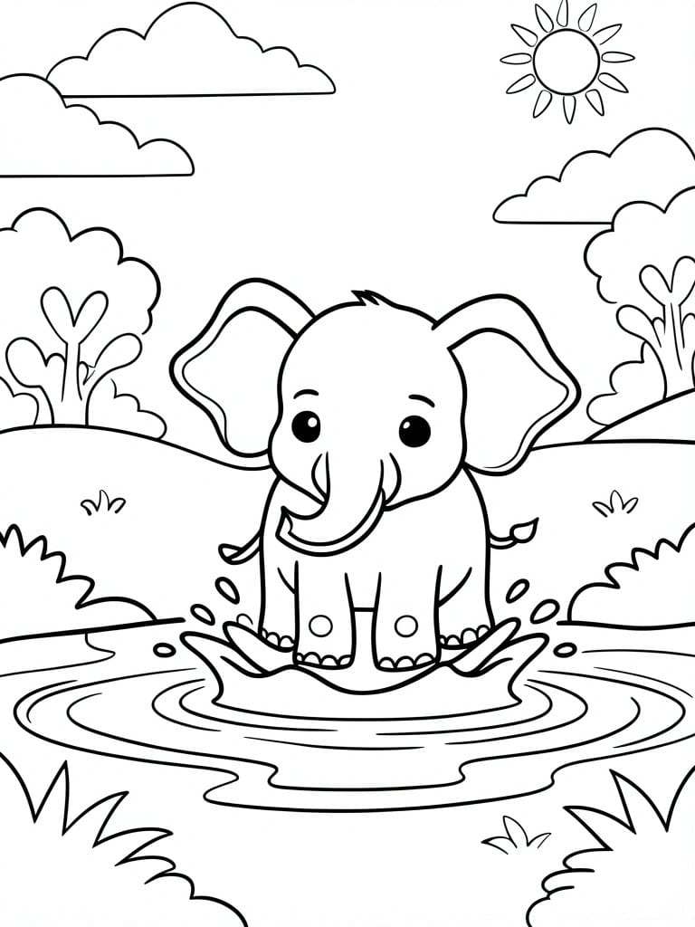 A black and white line drawing of a cute chibi elephant splashing in a pond with trees, clouds, and a sun.