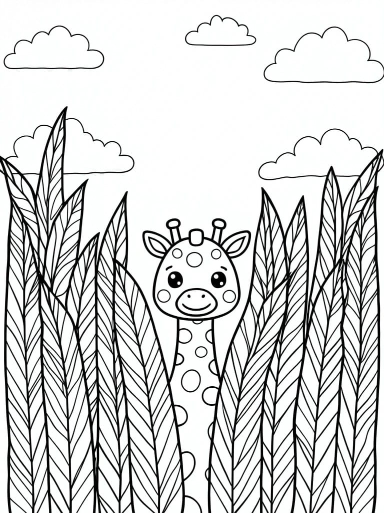 Coloring page of smiling giraffe peeking through tall leaves under clouds