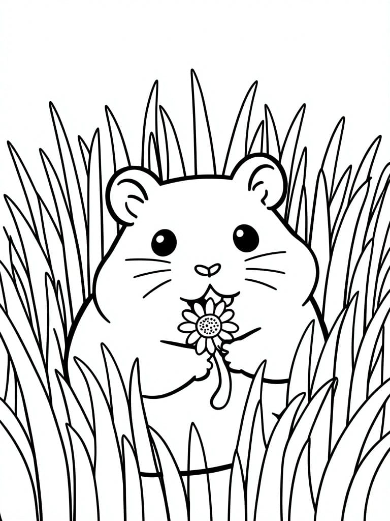 A black and white line drawing of a chibi hamster holding a flower while surrounded by tall grass.