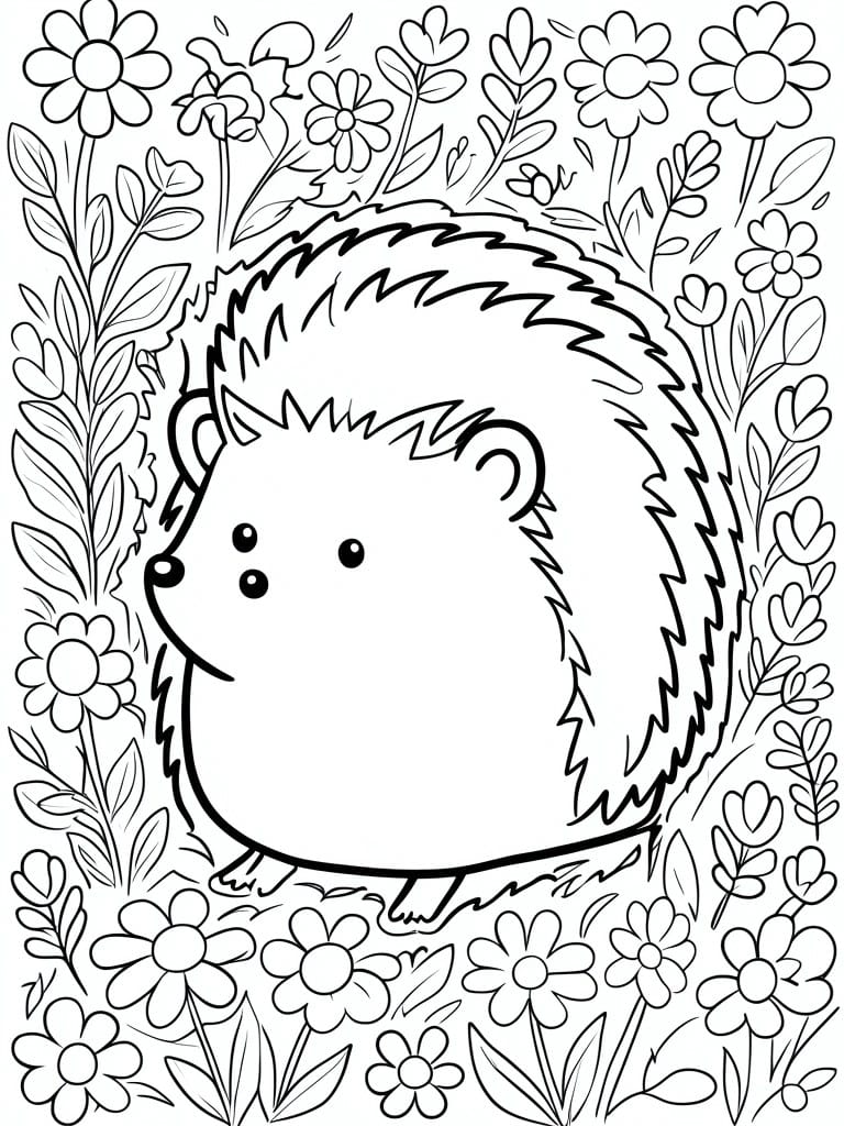 A black and white line drawing of a chibi hedgehog surrounded by flowers and leaves.
