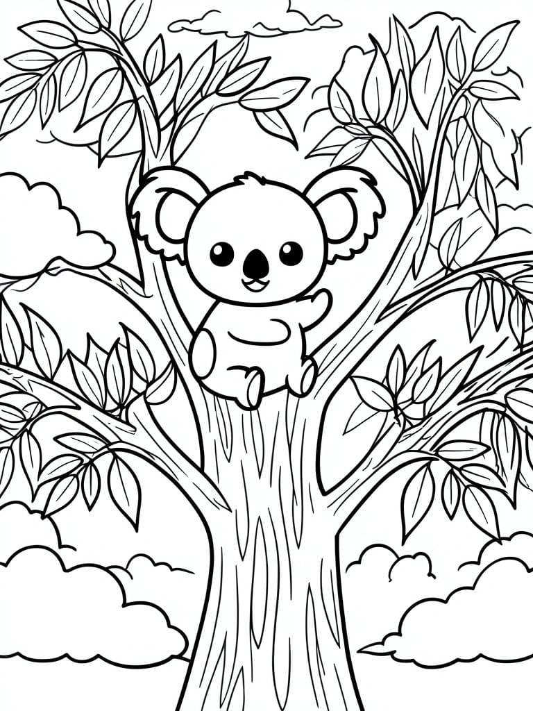 Coloring page of cute koala perched on leafy tree branch with clouds.