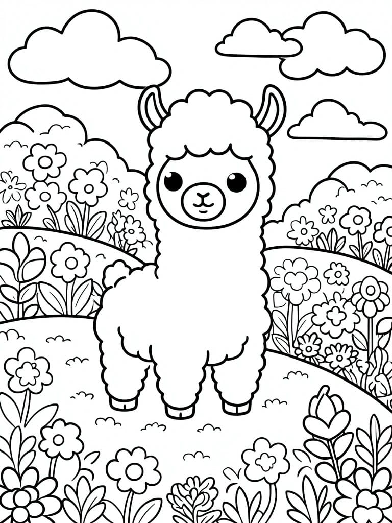 A black and white line drawing of a cute chibi llama standing in a field with flowers, hills, and clouds.
