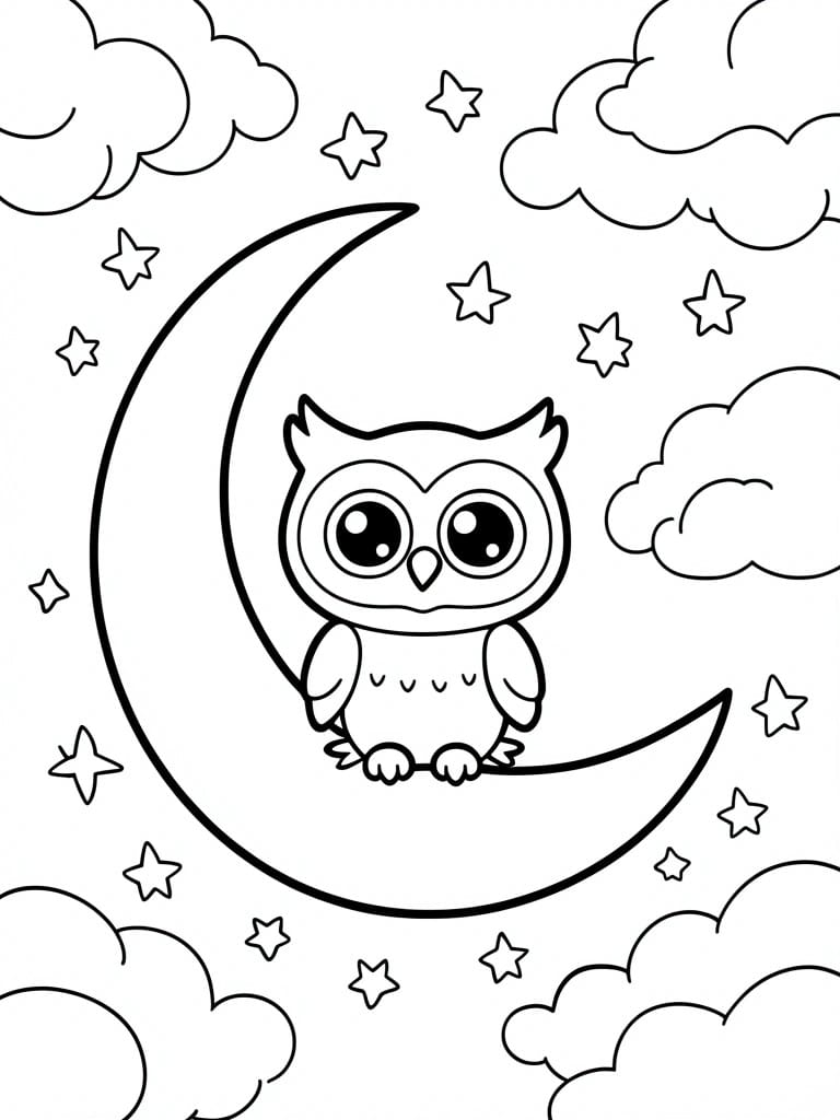 A black and white coloring page shows a cute chibi owl sitting on a crescent moon with stars and clouds around it.