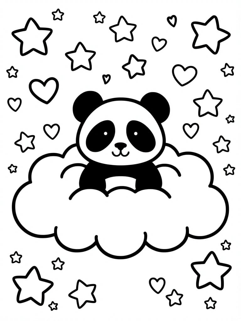A coloring page of a chibi panda sitting on a cloud with stars and hearts scattered around it.