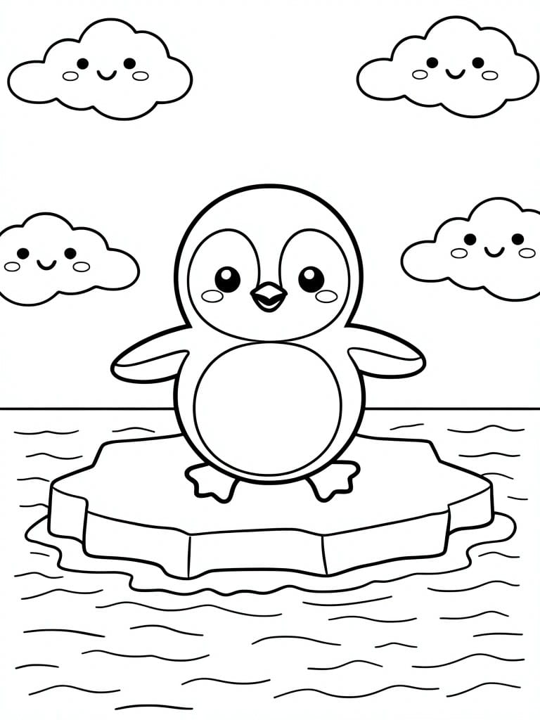 A line drawing of a penguin on an ice floe in water with smiling clouds overhead.