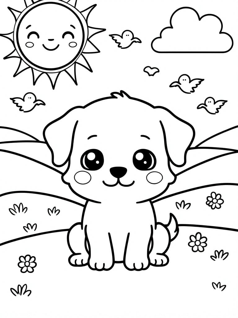 A black and white coloring page of a cute chibi-style puppy sitting outdoors with a smiling sun, clouds, birds, and flowers.