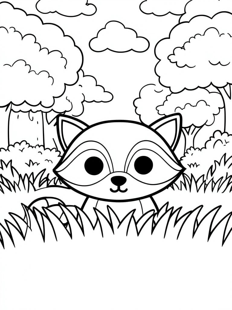 A black and white coloring page shows a cute chibi raccoon peeking from tall grass with trees and clouds behind it.