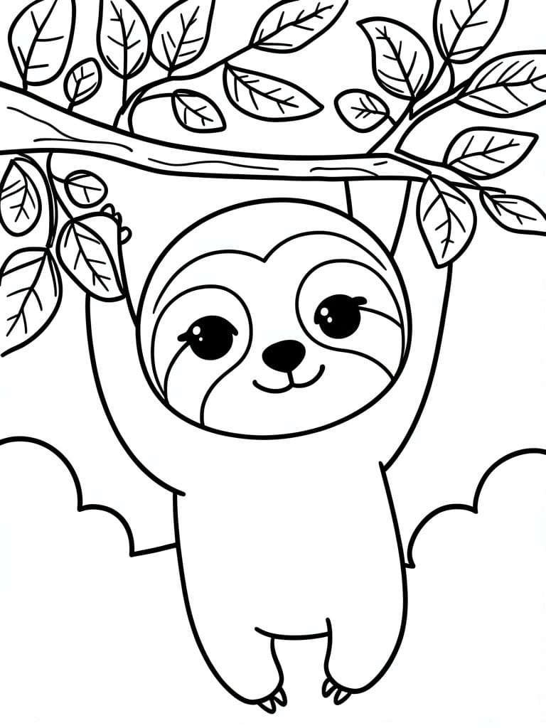 Cartoon sloth with big eyes hanging from leafy tree branch in line art.