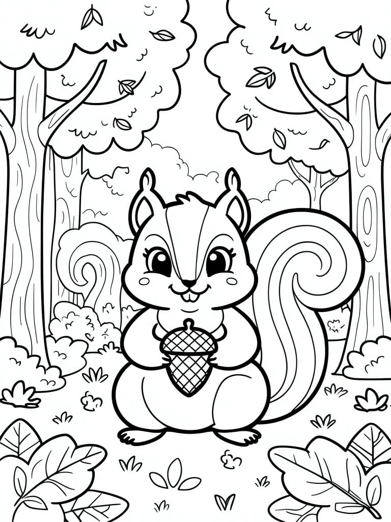A cute cartoon squirrel holding an acorn stands in a forest with trees and leaves around it.