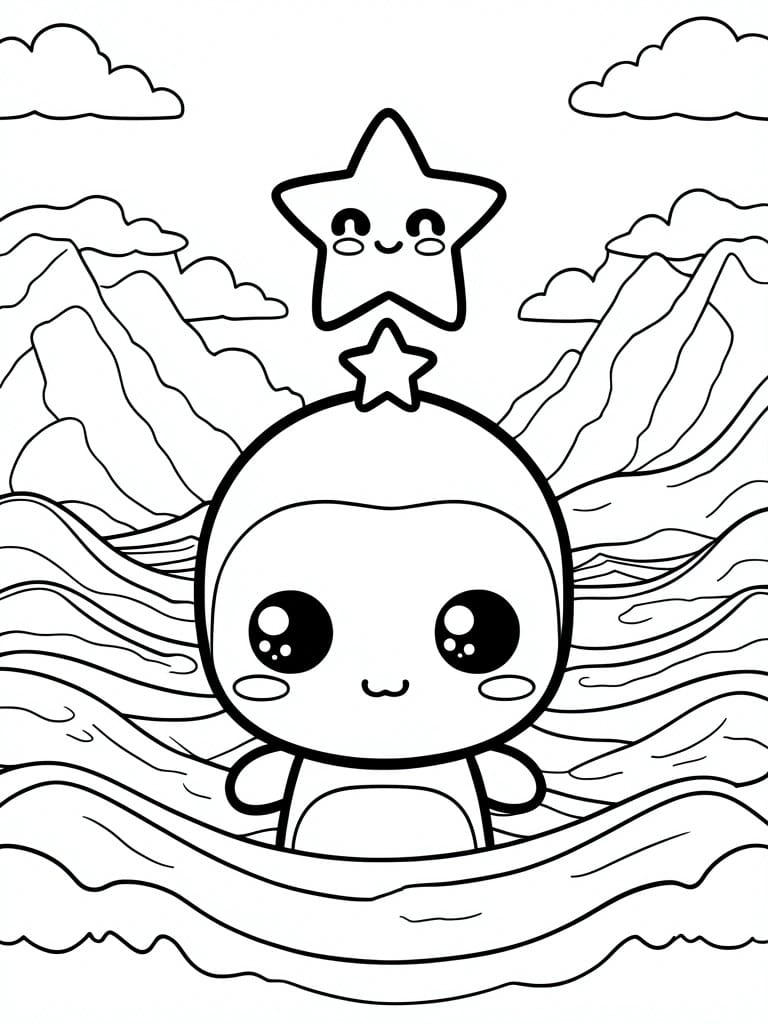 Cute cartoon robot with star head and smiling star above mountains and waves