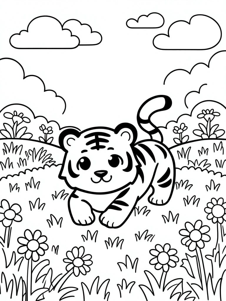 Cartoon tiger cub bounding through flowers and grass beneath fluffy clouds
