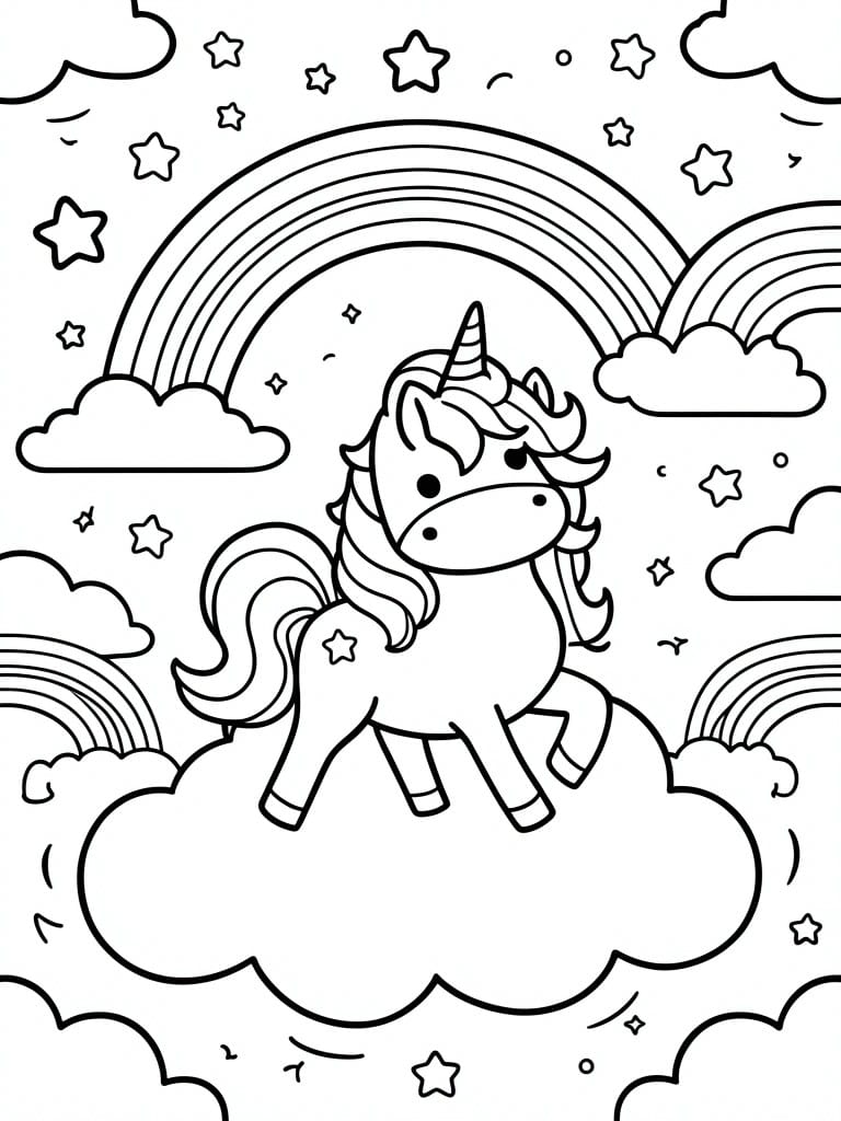 A black and white line drawing of a cute chibi unicorn standing on a cloud with rainbows, stars, and clouds in the background.