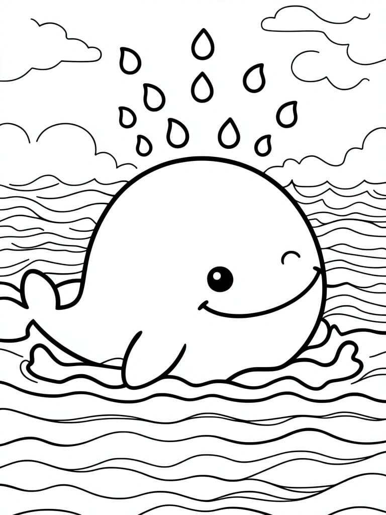 A line drawing of a cute cartoon whale in ocean waves with raindrops falling from clouds above.