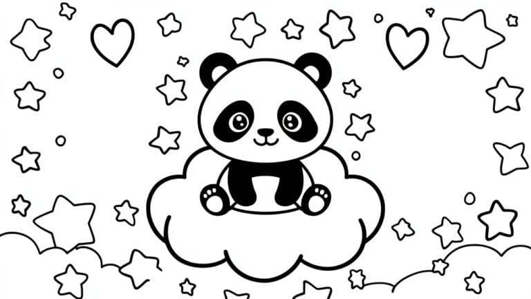 A coloring page of a chibi panda sitting on a cloud with stars and hearts scattered around it.