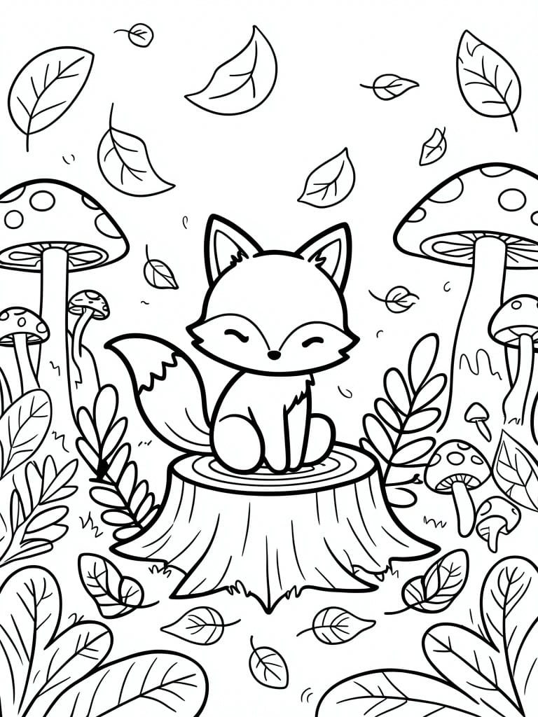 A black and white line drawing of a cute fox sitting on a tree stump surrounded by mushrooms and falling leaves.