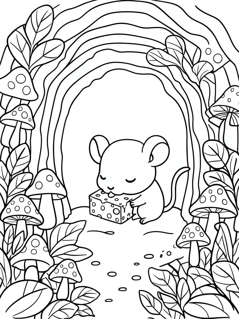 Cartoon mouse eating cheese amid spotted mushrooms, leaves, and forest arch