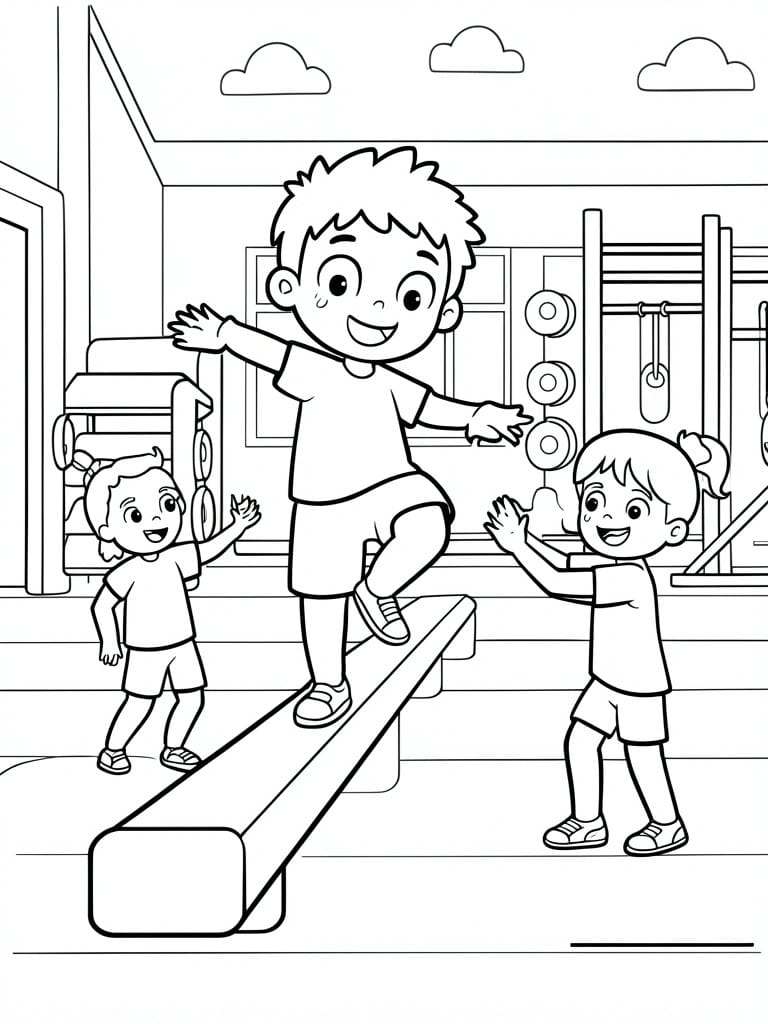 A line drawing shows three children in a gym with one boy balancing on a beam and two girls standing beside him with hands raised.
