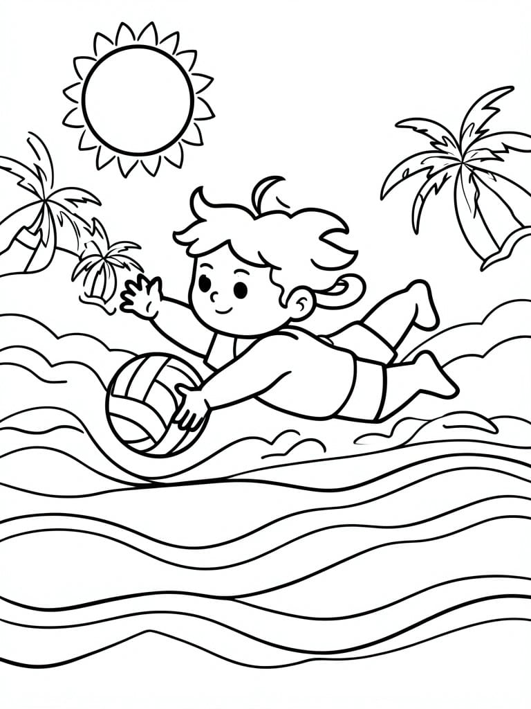 Coloring page of child with beach ball in ocean waves near palm trees and sun