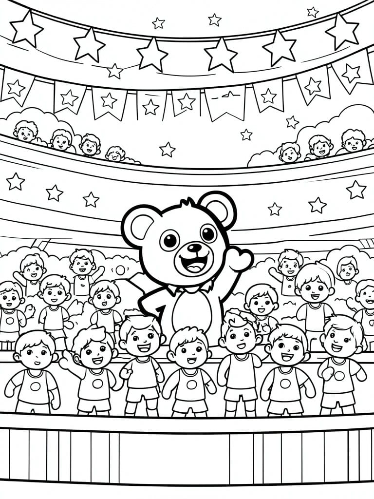 Coloring page of teddy bear waving on stage with children and starry banners.