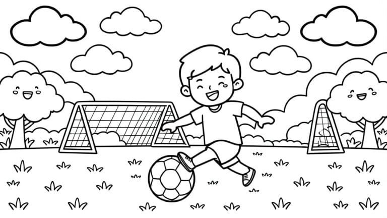 Coloring page of smiling boy kicking soccer ball near goal with clouds and trees.