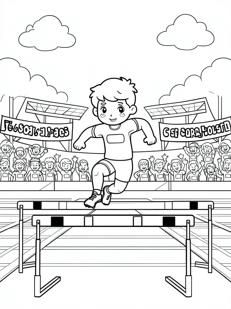 A coloring page of a boy jumping over a hurdle with crowds and stadium banners in the background.