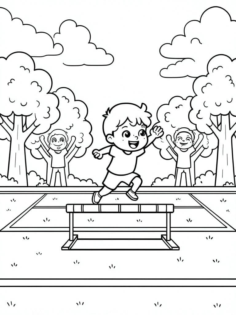 A black and white coloring page shows three cartoon boys on a running track, one jumping over a hurdle while the others raise their arms, with trees and clouds in the background.