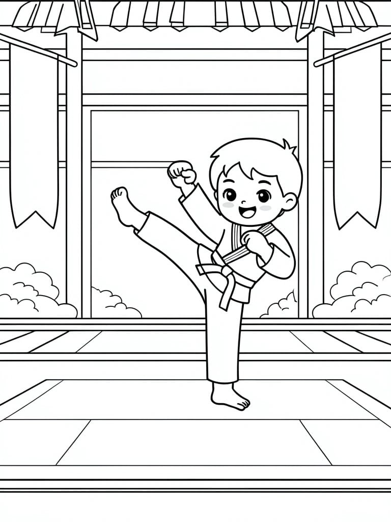 A coloring page shows a cartoon boy in a karate uniform kicking high inside a room with banners and tatami mats.