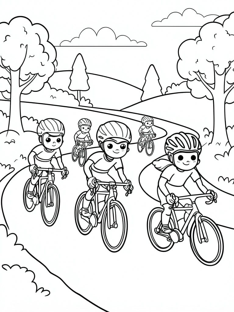 Coloring page of several children riding bicycles on a winding path with trees and hills in the background.