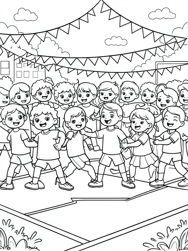 Coloring page of smiling children dancing under bunting flags at an outdoor event.