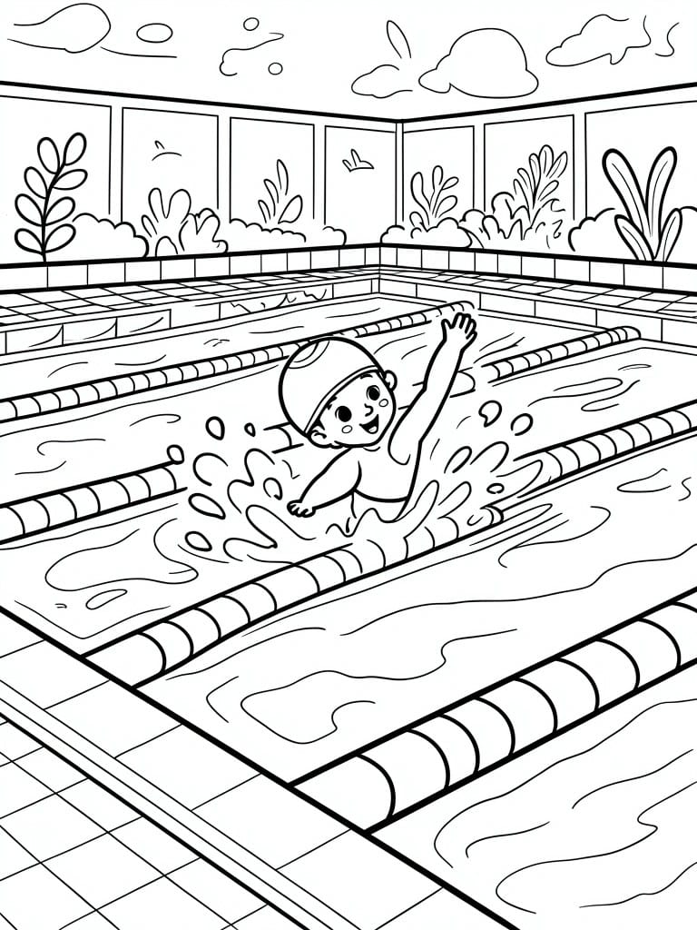 Coloring page of smiling child swimming in indoor pool with lanes
