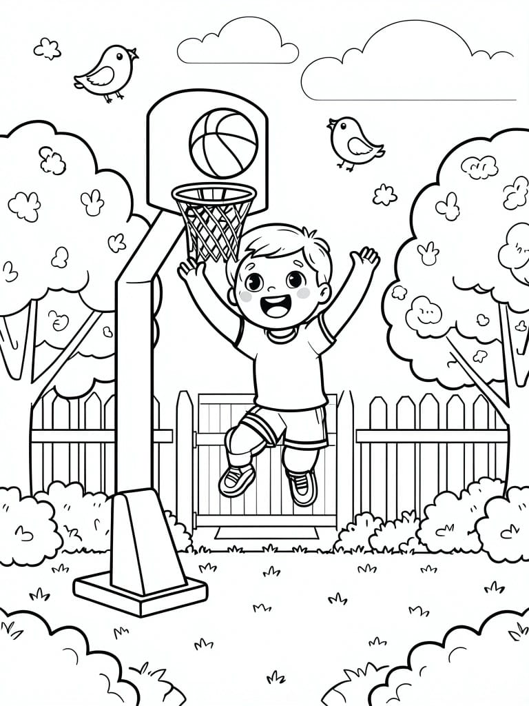 Cartoon boy jumping to dunk basketball in backyard with fence, trees, and birds
