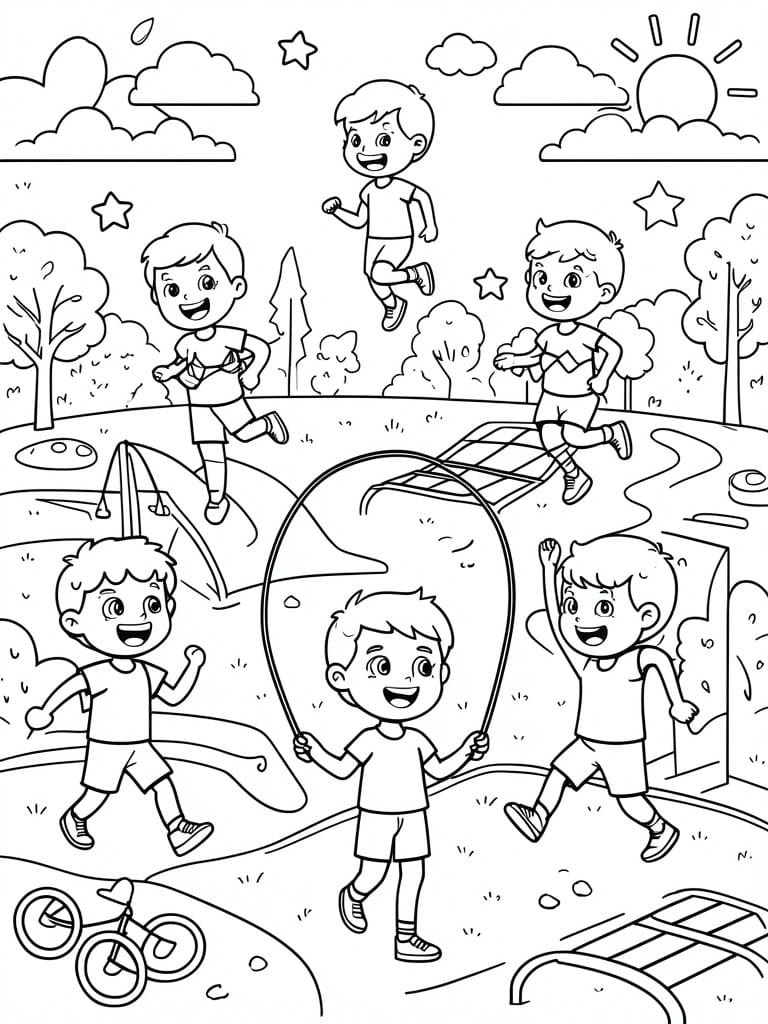 A black and white line drawing of several children playing outdoors in a park with jump ropes, playground equipment, trees, a bicycle, and a sunny sky.