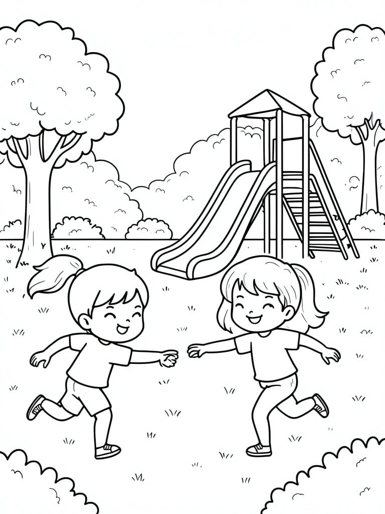 Two children running in front of a playground with slides, stairs, and trees in the background.