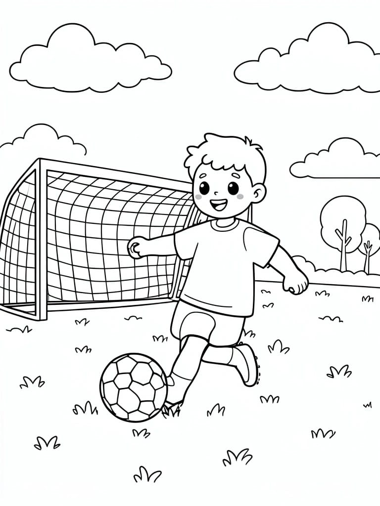 Coloring page of smiling boy kicking soccer ball near goal with clouds and trees.
