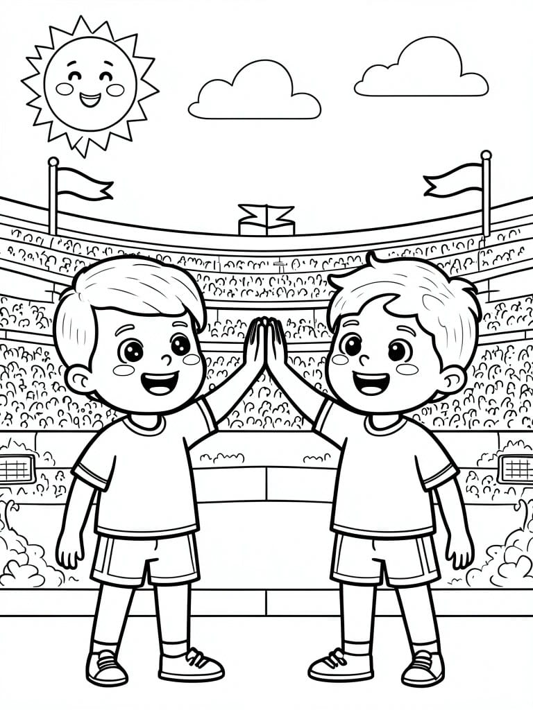 Two cartoon boys in sports clothes high-five in front of a stadium filled with spectators under a sun and clouds.