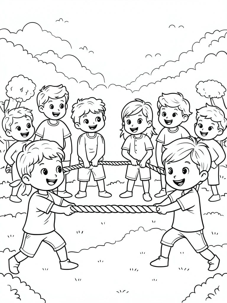Black and white line drawing of eight children playing tug of war outdoors with trees and clouds in the background.