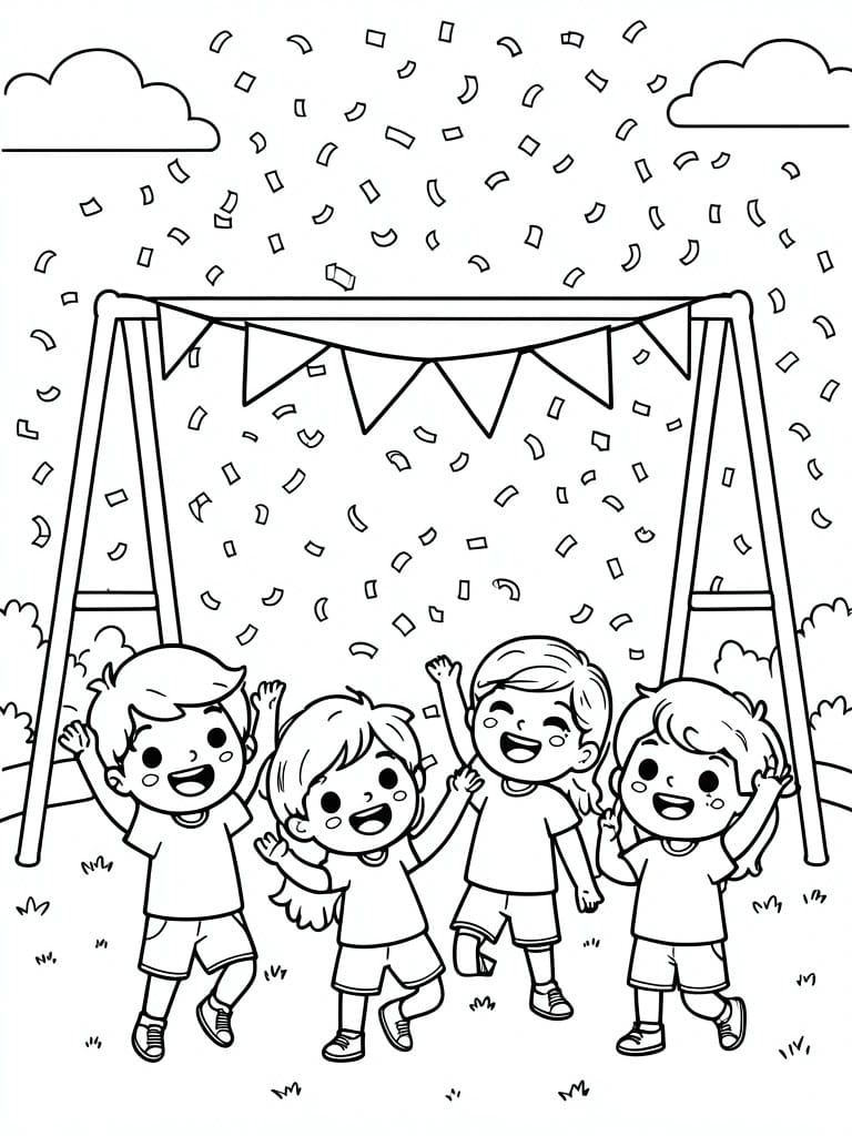 Four smiling children waving under bunting on a swing set amid falling confetti